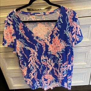 Lilly Pulitzer Blue and Pink Coral Print Short Sleeve Top